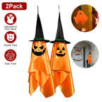 2 Pack Hanging Ghosts with Wizard Hat Snicker Scary Face Halloween Party Hanging Decorations Pumpkin Wizard Hat for Eave Tree Porch