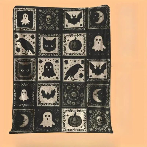 Black and White Ghost Bat Pumpkin Witch Hat Pattern Soft Funny Throw Blanket